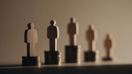 Wooden Human Figures on Coin Stacks Symbolizing Socioeconomic Inequality