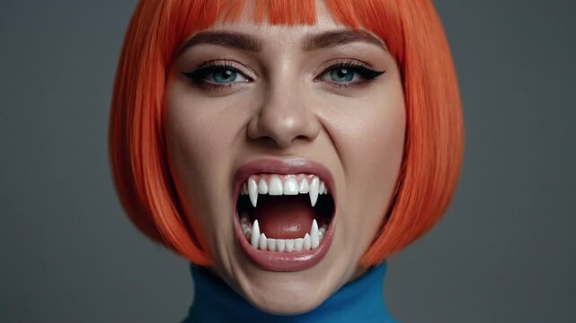 Ultra Close-Up Portrait of Relaxed Vampire Woman with Chin-Length Orange Hair, Striking Blue Eyes and Natural Skin gently showing Fangs against Grey Studio Background