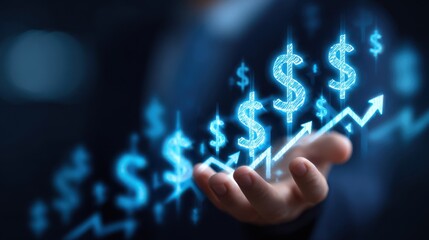 A businessman stands in a corporate environment holding digital money symbols. Upward arrows illustrate growth in finance and investment. The setting features blue tones and digital elements
