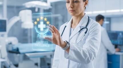 Female doctor presenting certified excellence in modern hospital setting