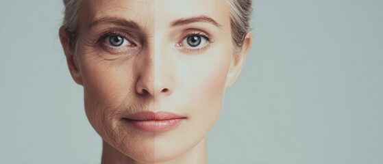 Split Face Portrait Showing Aging and Youthful Skin Skincare Transformation