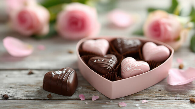 Festive greeting card with heart-shaped chocolates and pink rose petals on a wooden table. Copy space - Powered by Adobe