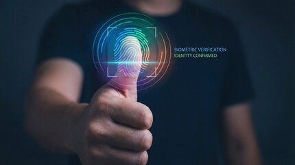 Biometric verification concept with fingerprint scan and identity confirmed message on dark background