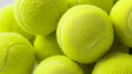 Bright yellow tennis balls lie in a lively jumble, showcasing their fuzzy texture and vibrant hues as they catch the light. The scene conveys energy and excitement, inviting movement
