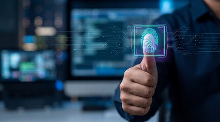 Biometric authentication concept with fingerprint scan in modern office