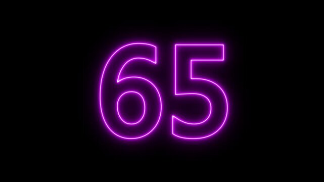 Flickering neon number 65 on black background. glowing neon text 65 number countdown icon. abstract neon text 65 number countdown timer background.