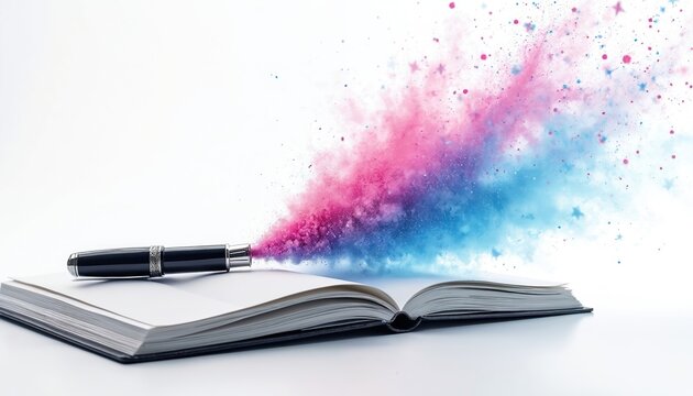 Open notebook and pen releasing colorful magical dust cloud. Concepts of creativity writing imagination inspiration ideas forming on white background.