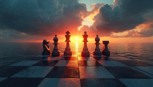 Chess pieces on chessboard at sea during sunset. Symbolizing strategy, rivalry, and global trade dynamics. Reflecting business competition and international maritime transport decisions.
