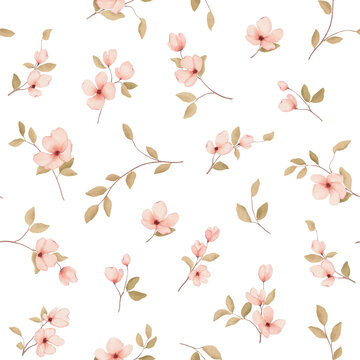 Spring watercolor seamless pattern with delicate flowers on branches. Perfect for fabric, wallpaper, and home textile. Hand drawn floral isolated print.