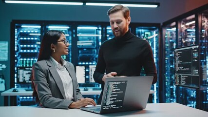 Data Center Discussion: Two tech professionals collaborate in a high-tech data center, engaging in a discussion beside a laptop displaying coding. Capturing the essence of teamwork and data security. - Powered by Adobe