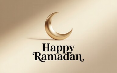 Golden crescent moon with Happy Ramadan text on beige background