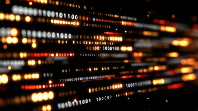 A visually striking representation of data transmission, featuring vibrant lines of binary code and glowing particles