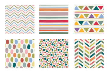 Set of six seamless modern simple minimal abstract geometric colorful light patterns. Vector hand drawn endless backgrounds.