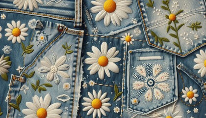 A denim patchwork pattern with Daisy Jeans floral motifs seamless, Ai generated image