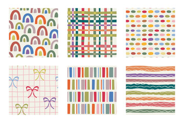 Set of six seamless modern simple minimal abstract geometric colorful light patterns. Vector hand drawn endless backgrounds.