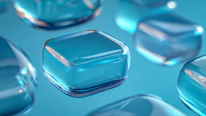 Abstract glass box shapes floating in empty space, translucent rounded rectangles with soft reflections and refractions, light and cool blue tones, a modern minimalist aesthetic.