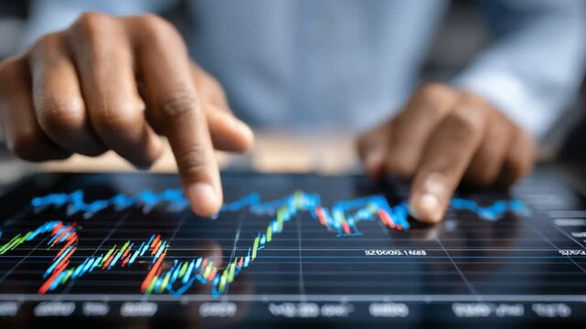 Close-up of a person's hands analyzing financial data on a tablet. The screen displays vibrant graphs and charts, representing market trends and investment opportunities.