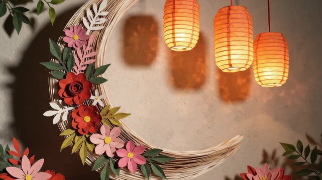 Crescent moon decoration with flowers and hanging lanterns