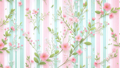 A pattern with pink flowers and stripes Spring floral cute, Ai generated image