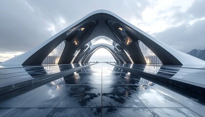 Sleek, futuristic architectural design with curved structure & reflective surface