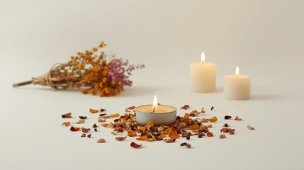 Serene candle setting with dried flowers
