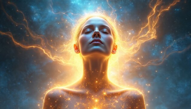 Person in cosmic background emitting golden light and energy waves. Spiritual glow surrounds serene face, representing enlightenment, inner peace, and connection to the universe.