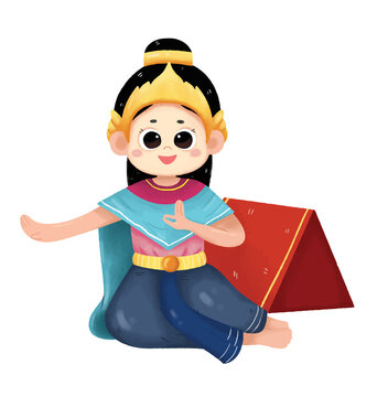 Cute cartoon girl reading a book and smiling at school