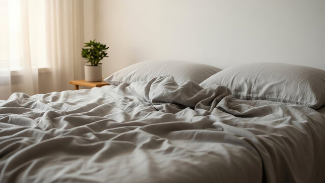 Cozy unmade bed with grey sheets and plant in modern bedroom  