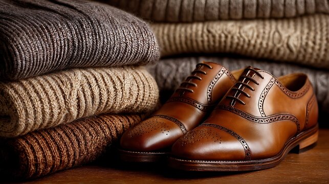 Stacked knitwear with leather shoes in warm tones, evoking comfort and style