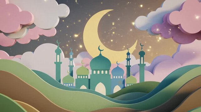 Layered landscape with mosque silhouette, moon, stars, and clouds