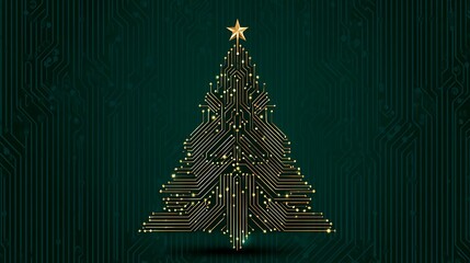 A golden Christmas tree crafted from integrated circuit lines, star on top, dark teal background
