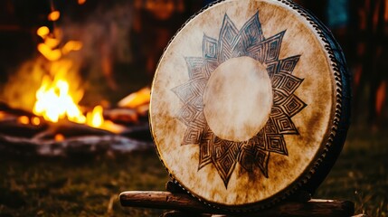 A close up of a ceremonial shamanic drum with intricate geometric patterns stretched taut over a wooden frame near a warm outdoor fire