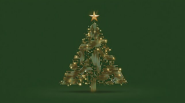 A golden Christmas tree formed of circuit board components, on a dark green backdrop - Powered by Adobe