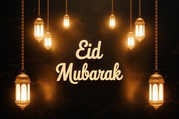 Eid Mubarak celebration with glowing lanterns in dark background