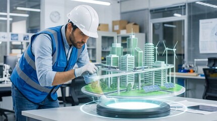 Engineer in modern office designs sustainable cityscape with augmented reality technology