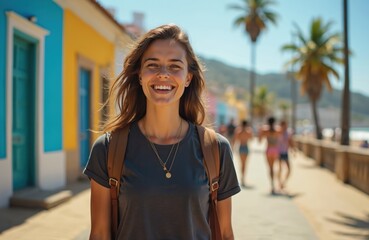 Fototapeta premium Young woman with backpack walks on sunny boardwalk near colorful buildings and ocean. She smiles happily, enjoying vacation vibes and warm summer weather. People relax on beach background.