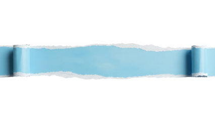 Torn paper strip with blue background and rolled edges on black ripped paper tear