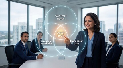 Businesswoman presenting strategic analysis in modern office