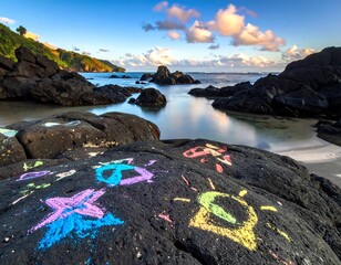 Scenic coastal shot with crayon art on dark rocks. Calm water reflects cloudy sky. Green cliffside visible in the distance