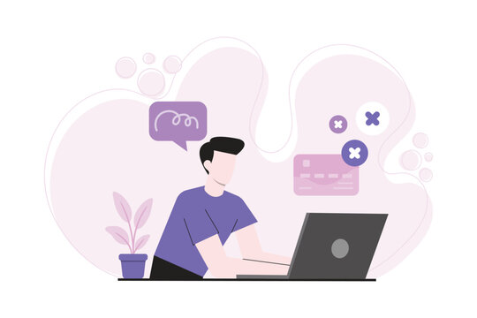Flat illustration of a man working on a laptop with error icons and failed payment symbols. Concept of online transaction problem, system error, fintech issues, troubleshooting.