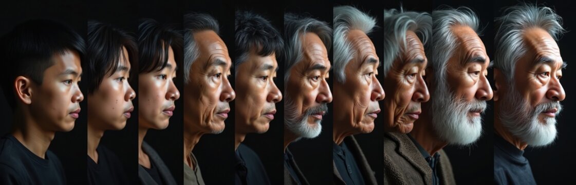 Collage shows man aged from young adult to elder. Faces progress through time, showing natural life cycle changes. Male human aging process from youth to maturity to old age.
