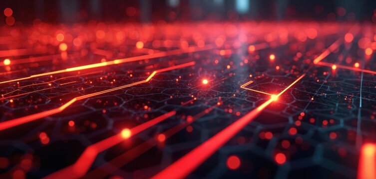 Abstract digital grid with glowing red lines and nodes. Futuristic tech pattern represents data transfer, cyberspace connections and advanced artificial intelligence networks.
