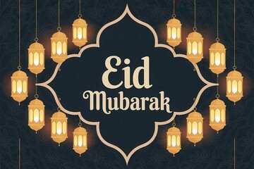 Eid Mubarak celebration with glowing lanterns on dark background