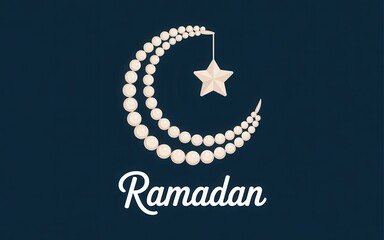 Ramadan crescent moon and star symbol with beads on dark blue background