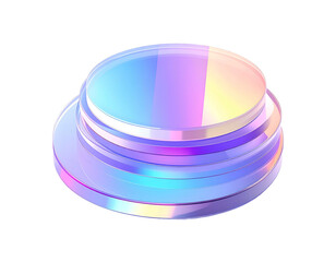 Iridescent layered glass disc, vibrant colors, isolated on black