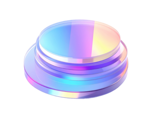 Iridescent layered glass disc, vibrant colors, isolated on black