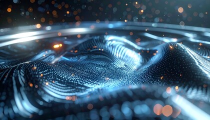 Abstract digital waves ripple with particles, glowing softly