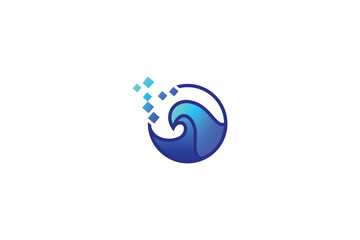 Obraz premium Digital Water Wave Logo with Pixel Technology Concept. Blue Ocean Wave with Data Dots Vector Icon.