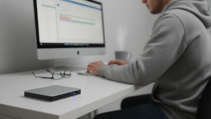 Focused individual immersed in digital work at a modern desk with technology and a warm beverage