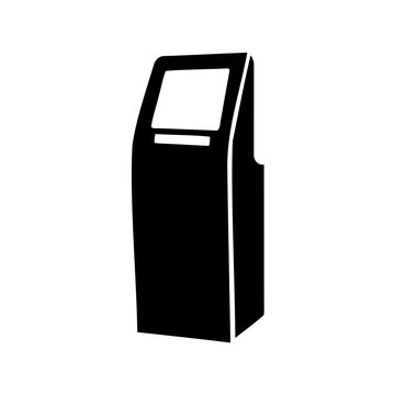 Black and white image of a modern information kiosk with a display